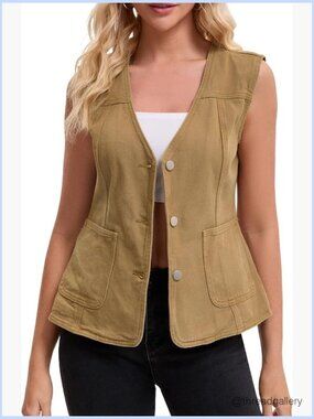 V Neck Sleeveless Denim Vest Jean Jacket Casual Button Front